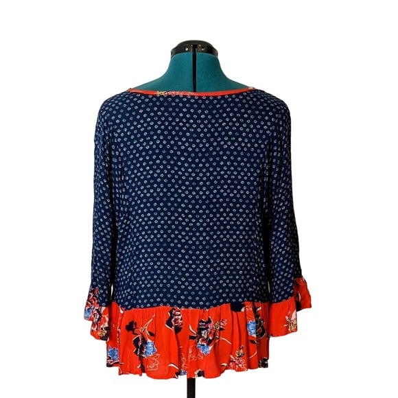Grand & Greene Blue/Red Mixed Print Loose Fit Cropped Blouse Size Large - Picture 3 of 9